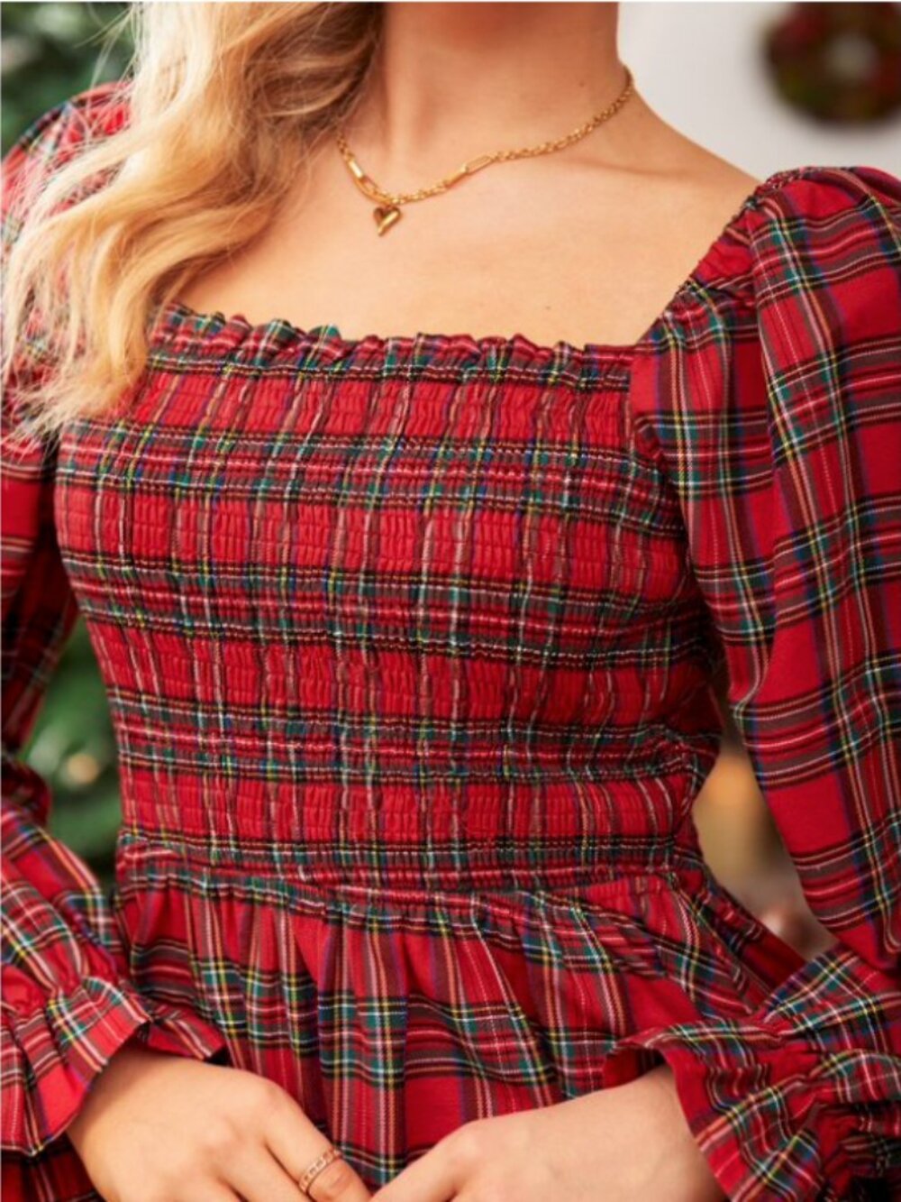 Cupshe Women's Red Plaid Square Neck Puff Sleeve Mini Dress - Picture 5 of 6